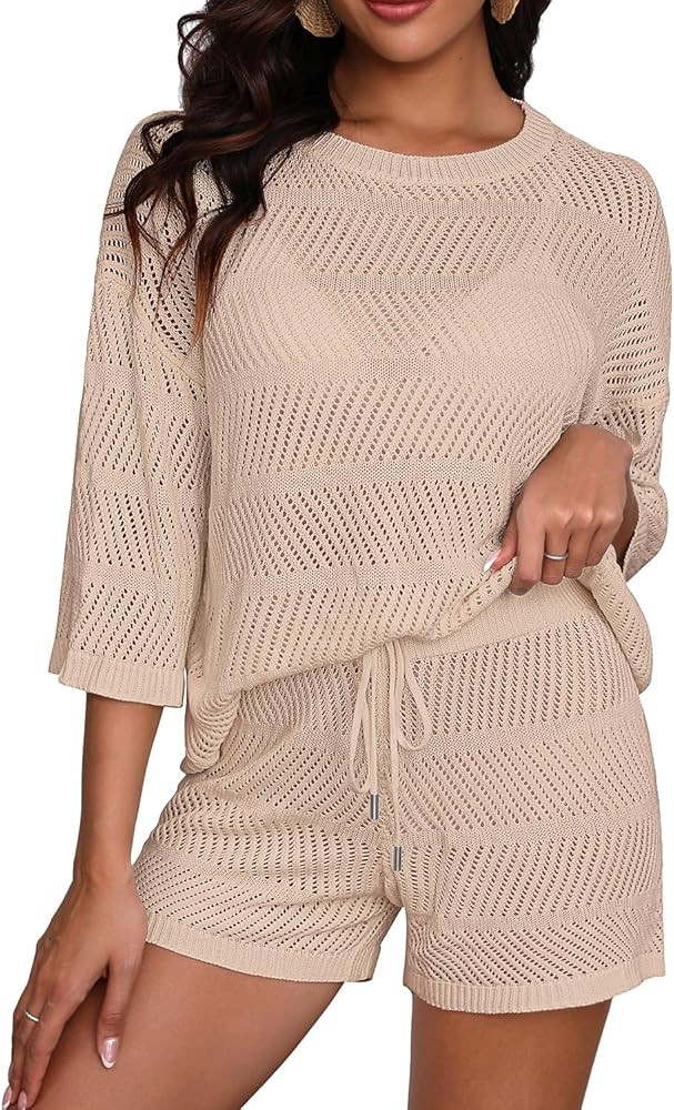 Women's Two Piece Coverup Set - Crochet Beach Cover Ups with Shorts Half Sleeve Swimsuit Bathing ... | Amazon (US)