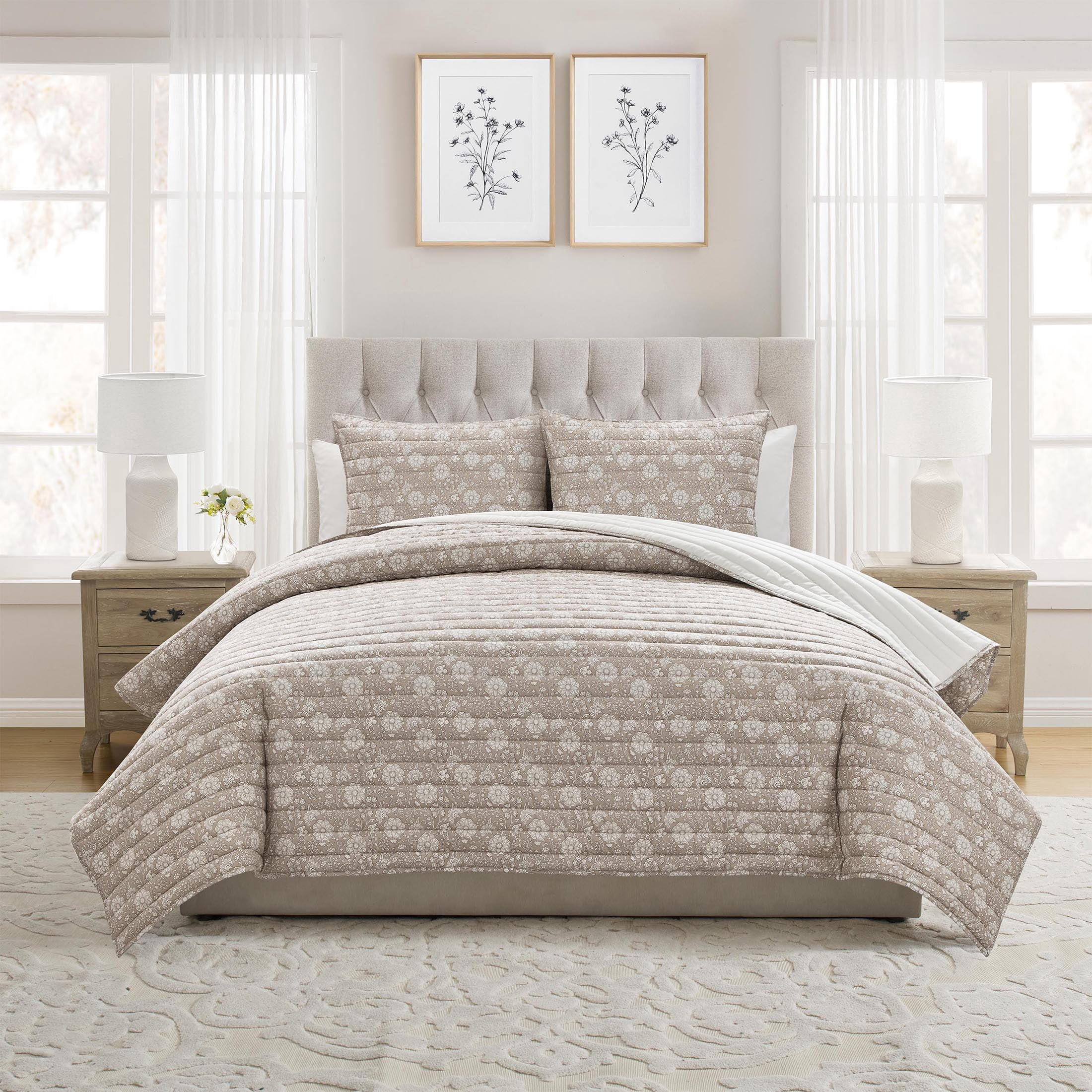 My Texas House Floral Pick Stitch 3-Piece Taupe Adult Quilt Set, King | Walmart (US)