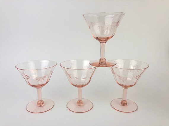 A Vintage Set of 4 Etched Pink Depression Stemmed Glasses | Etsy (CAD)