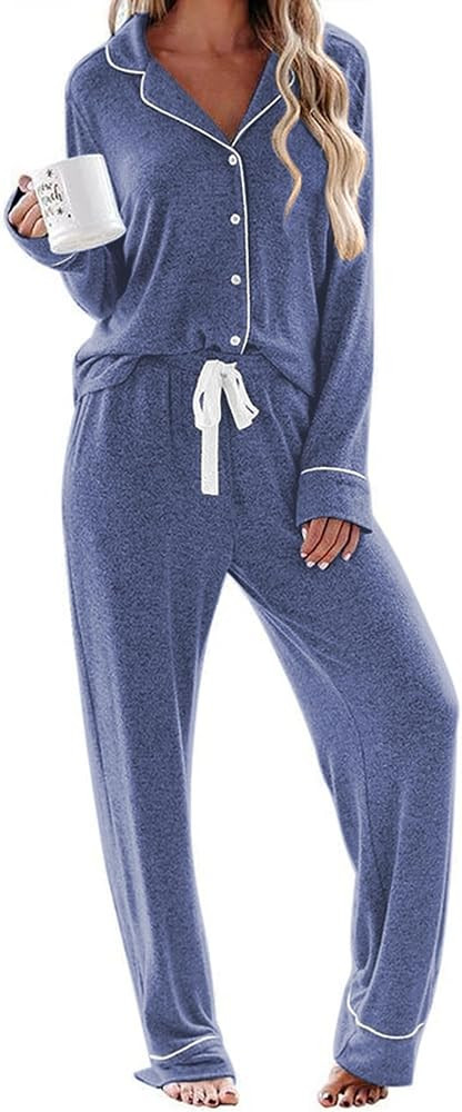 Ekouaer Women's Pajamas Long Sleeve Sleepwear Casual Button Down Loungewear Soft Pjs Set S-XXL | Amazon (US)