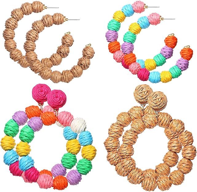 4 Pairs Raffia Earrings Boho Rattan Hoop Dangle Earrings for Women Handmade Straw Wicker Woven Ea... | Amazon (US)