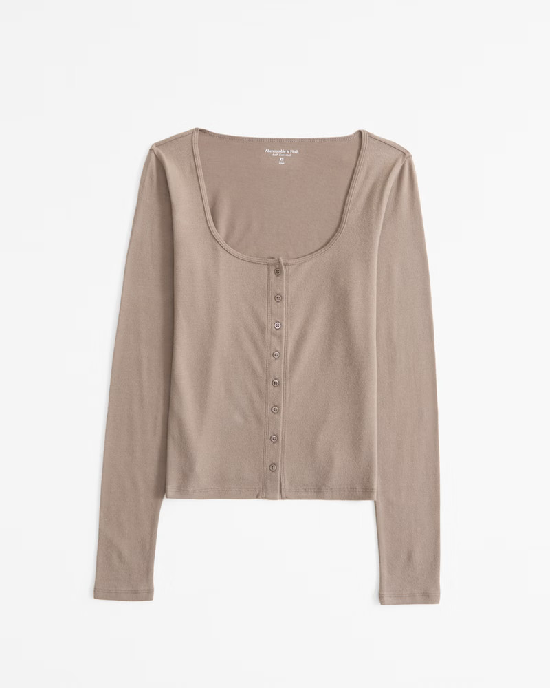 Abercrombie & Fitch Women's Long-Sleeve Cozy Lounge Knit Button-Through Top in Taupe Gray - Size S | Abercrombie & Fitch (US)