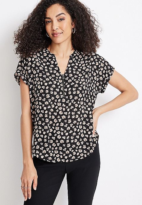 Geneva Floral Zipper Neck Blouse | Maurices