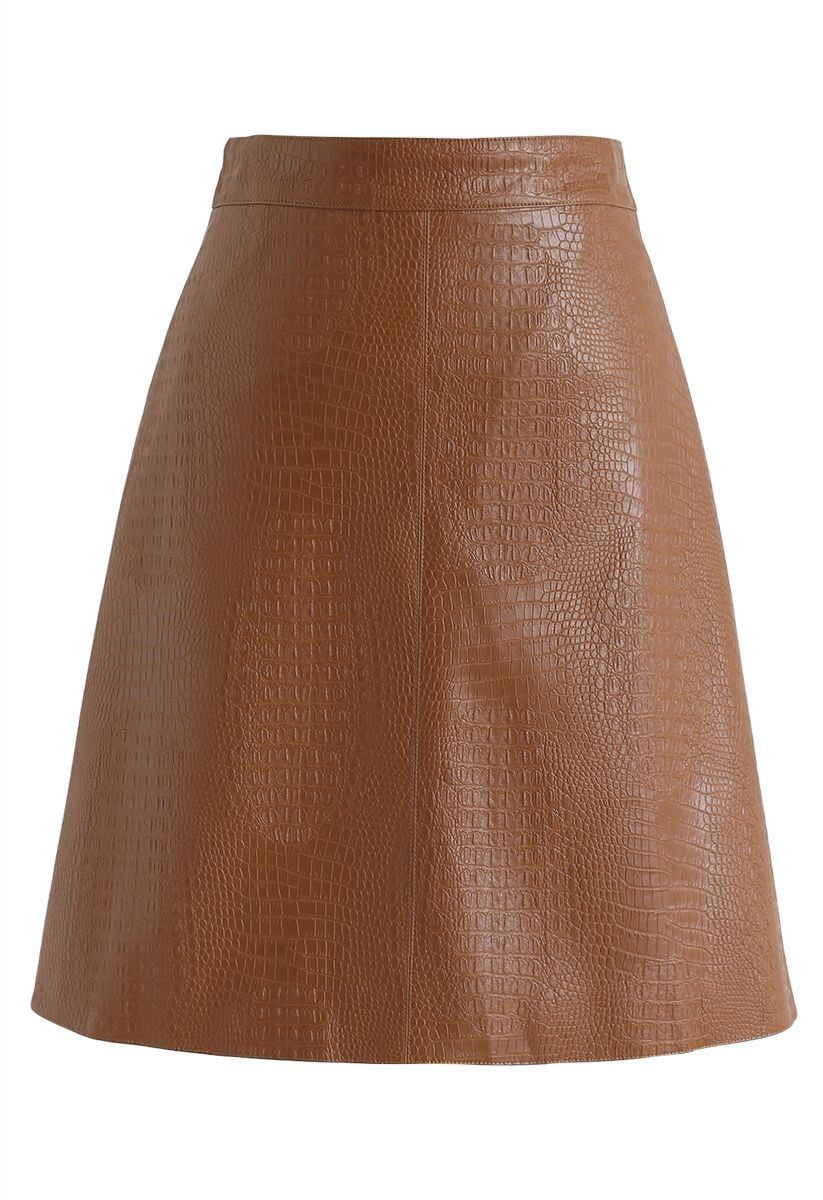 Crocodile Print Faux Leather Skirt in Caramel | Chicwish