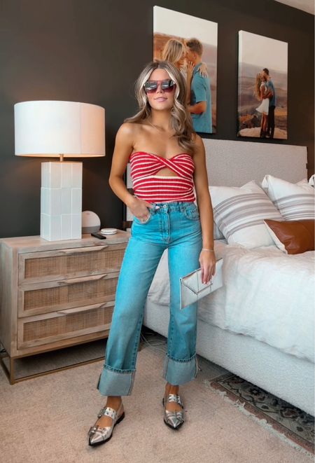 memorial day outfit ❤️🤍💙 #amazonspringfashion #memorialdayoutfit #affordablewomensclothing amazon spring fashion summer must have stripe strapless knit top mango big cuff straight leg jeans silver pointed toe flats silver hand bag memorial day outfit inspo affordable womens clothing 

#LTKShoeCrush #LTKFestival #LTKStyleTip