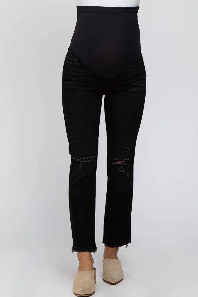 Black Distressed Ripped Knee Cropped Maternity Jeans | PinkBlush Maternity