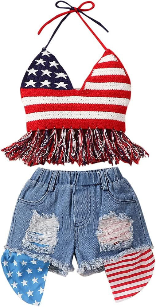 Baby Girl 4th of July Outfits USA Flag Knit Sleeveless Halter Fringe Crop Top Ripped Denim Shorts... | Amazon (US)