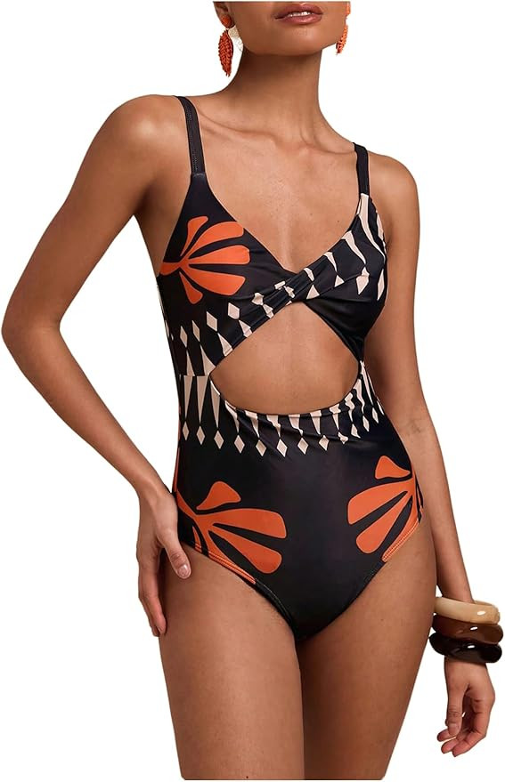 Floerns Women's Cut Out Twist Front One Piece Swimsuit Tropical Beach Bathing Suit | Amazon (US)