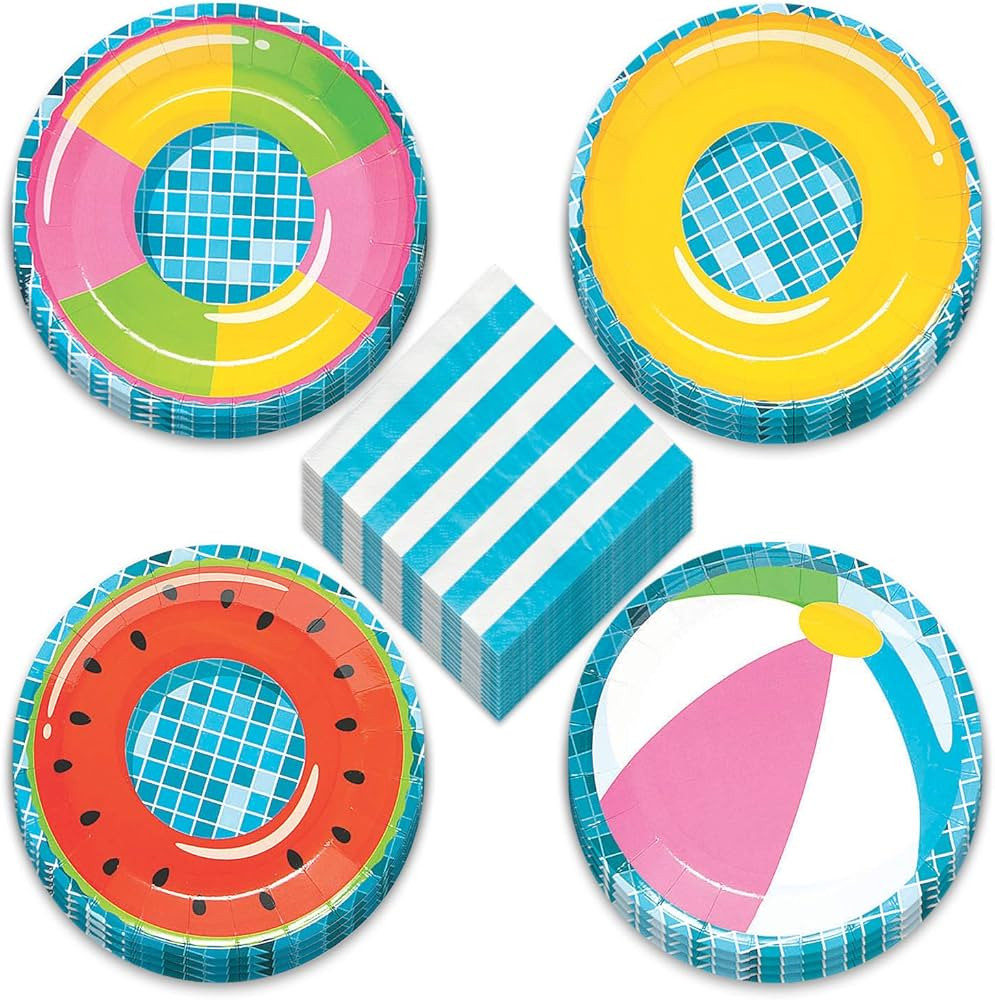 Pool Party Supplies - Inflatable Floaties Paper Dessert Plates and Striped Beverage Napkins (Serv... | Amazon (US)