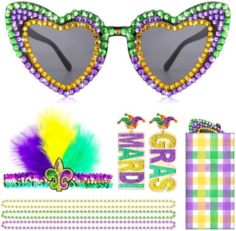 Lingdeer 7PCS Mardi Gras Accessories Set for Women, Heart-Shaped Sunglasses, Feather Glitter Head... | Amazon (US)
