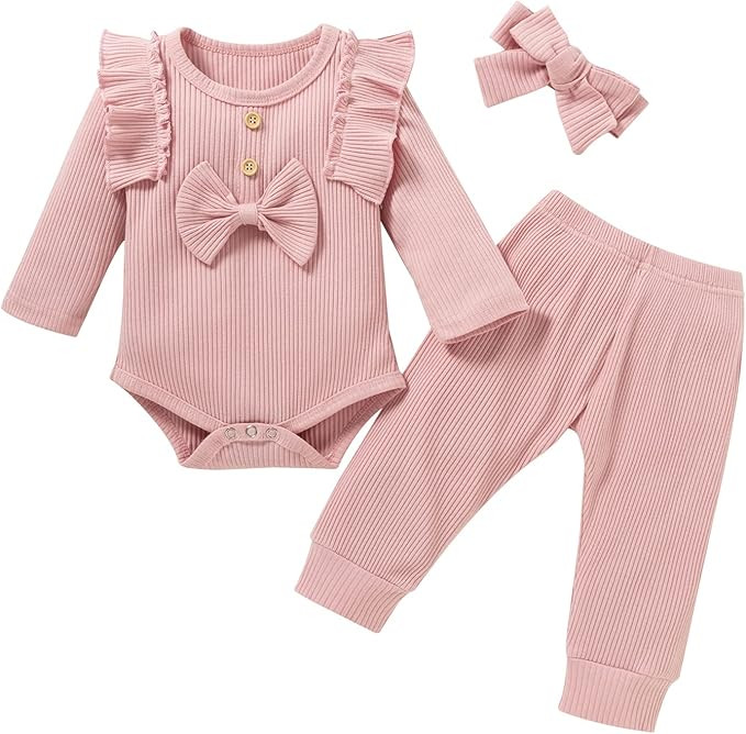 3Pcs/Set Baby Girl Outfit Solid Color Ruffle Knitted Romper Long Pants Headband Fall Clothes | Amazon (US)