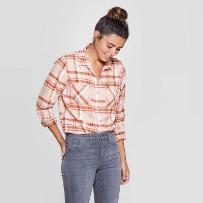 Women's Plaid Long Sleeve Cotton Flannel Shirt - Universal Thread™ Pink | Target