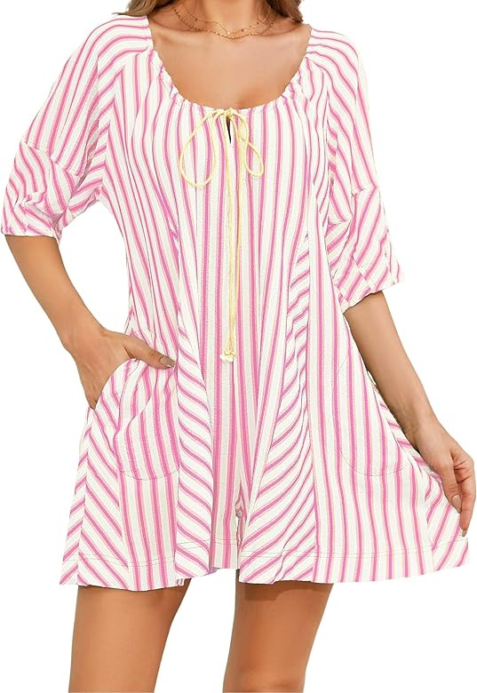 Womens Summer Striped Romper Casual Oversized Puff Sleeve Short Jumpsuits Overalls Beach Vacation... | Amazon (US)