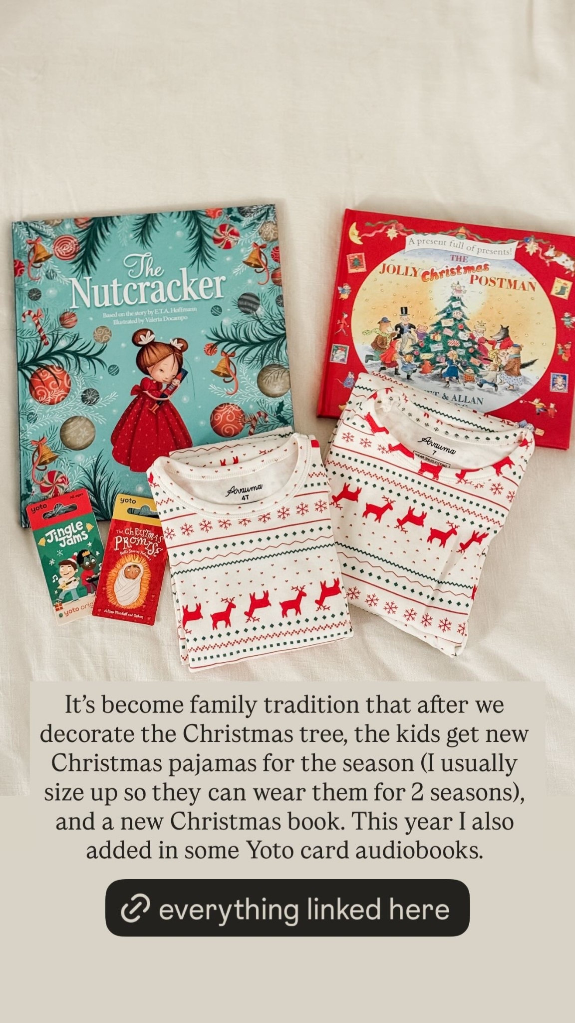 It’s become family tradition that after we decorate the Christmas tree, the kids get new Christmas pajamas for the season (I usually size up so they can wear them for 2 seasons), and a new Christmas book. This year I also added in some Yoto card audiobooks.
