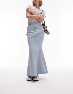 Topshop Petite high waist denim fishtail skirt in bleach | ASOS (Global)
