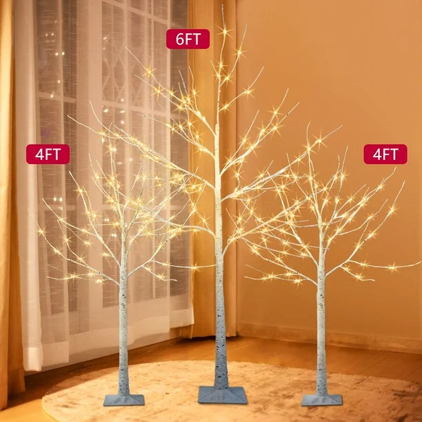 Birch Tree with Lights, 3 Pieces Warm White Led Artificial Birch Trees, 4ft 48 Leds/6ft 96 LEDs, ... | Walmart (US)