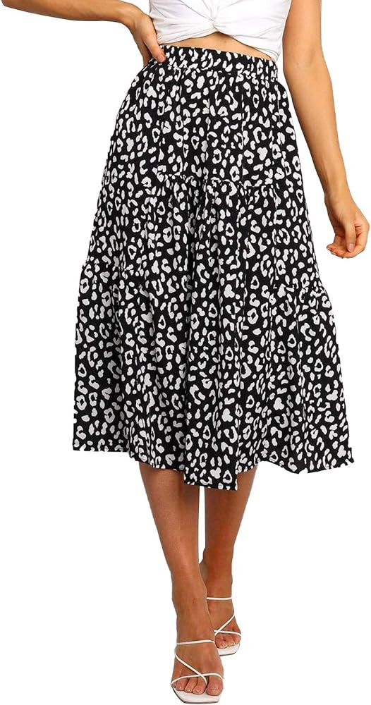 Women's Boho Leopard Print Skirt Pleated A-Line Swing Midi Skirts | Amazon (US)