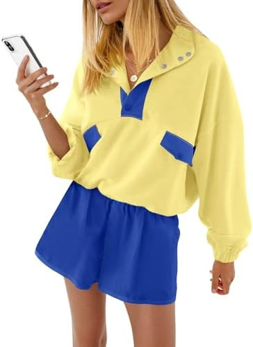 Fisoew Womens 2 Piece Sets Sweatsuits Casual Half Button Color Block Sweatshirts Running Shorts T... | Amazon (US)