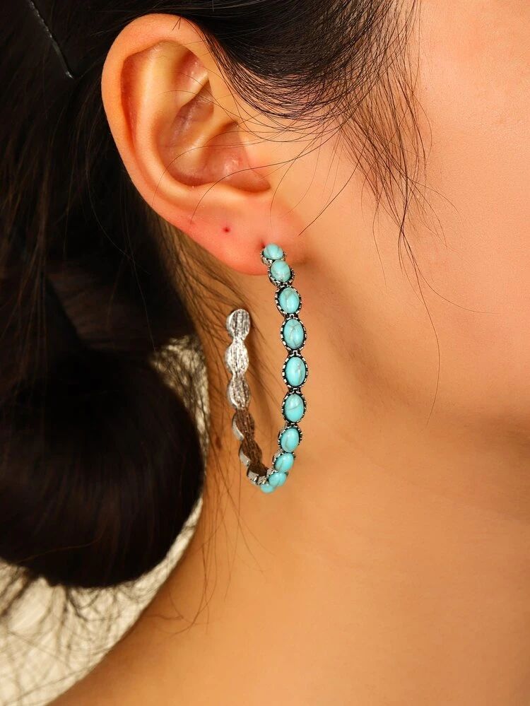 EMERY ROSE Turquoise Decor Hoop Earrings | SHEIN