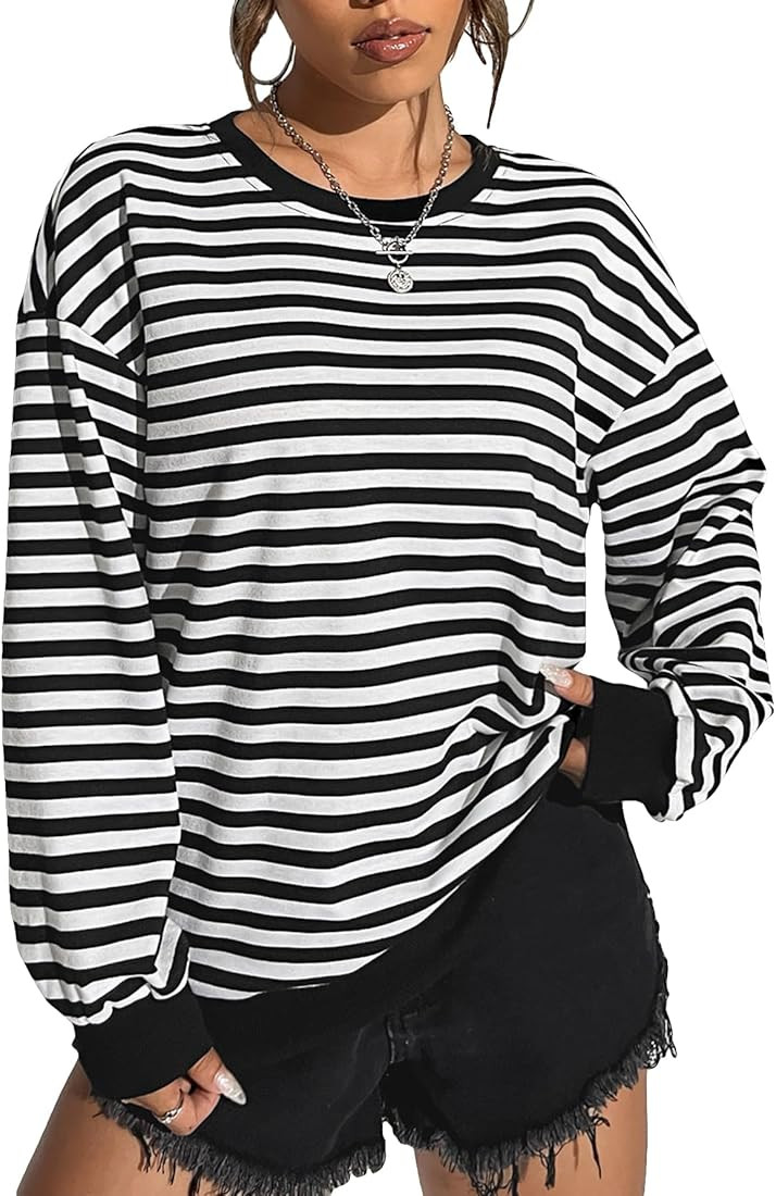 SHENHE Women's Striped Crew Neck Drop Shoulder Casual Sweatshirt Pullover Top | Amazon (US)