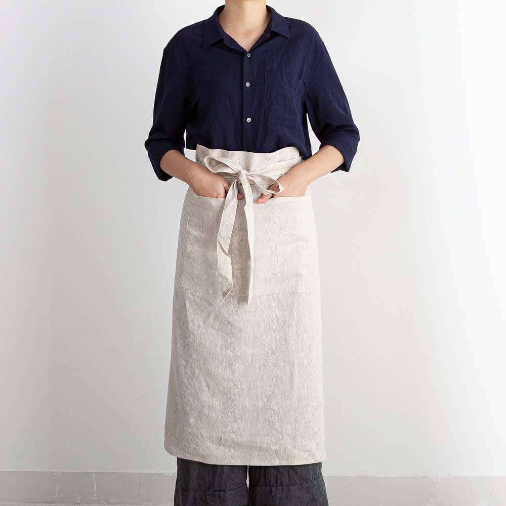 ATLINIA 100% Linen Apron with Buttons Adjustable Bib Apron with Pockets Linen Half Apron Bistro Apro | Amazon (US)