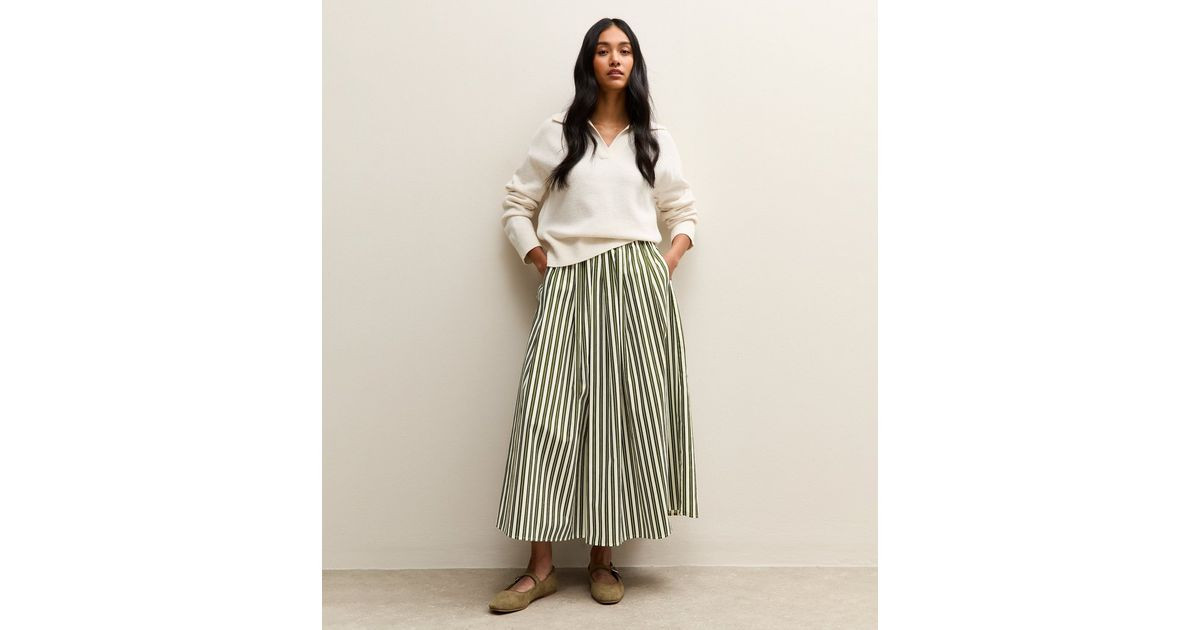 Green Cotton Poplin Striped Midi Skirt | New Look | New Look (UK)