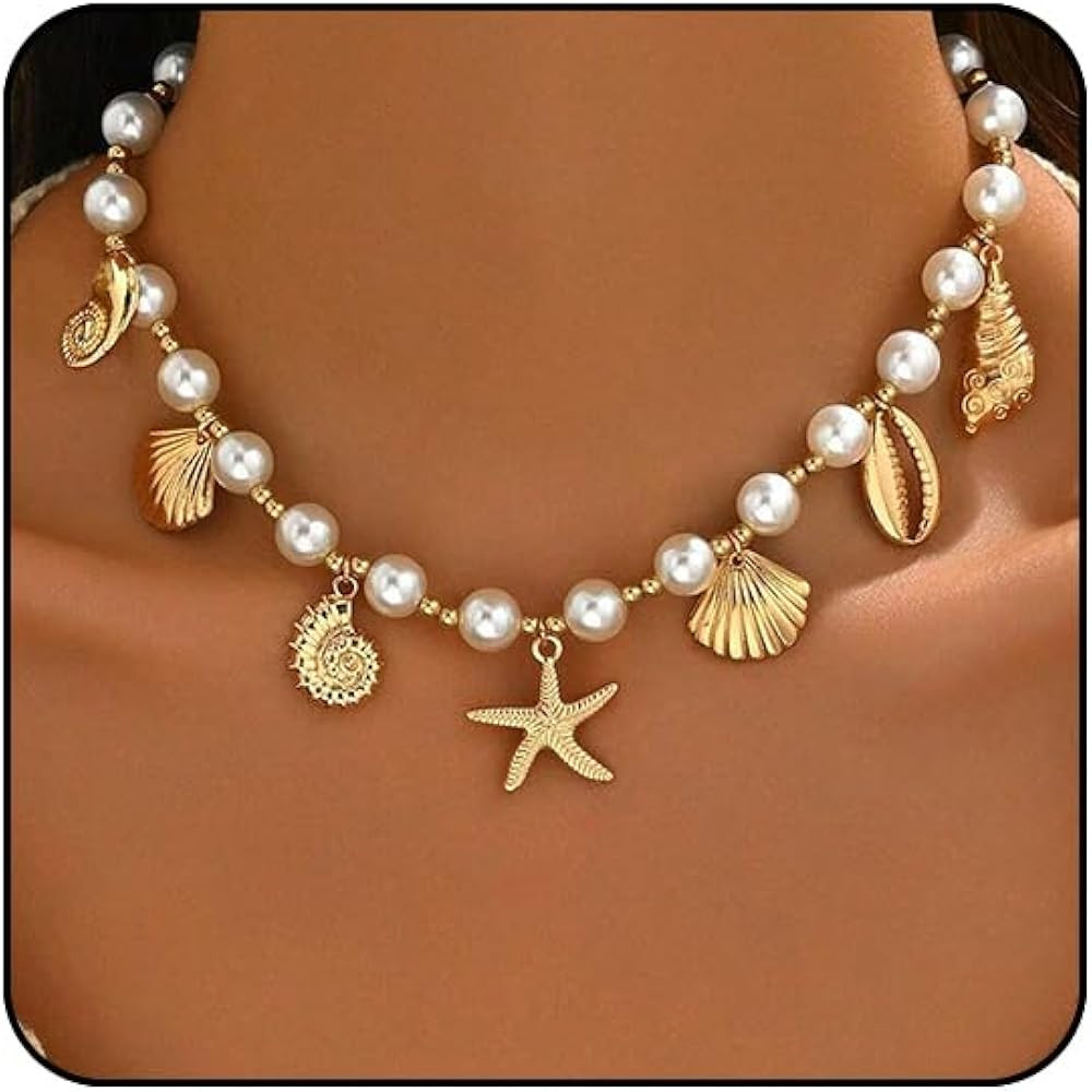 Seashell Necklace Beach Jewelry for Women Starfish Fish Necklace Boho Pearl Choker Sea Shell Neck... | Amazon (US)