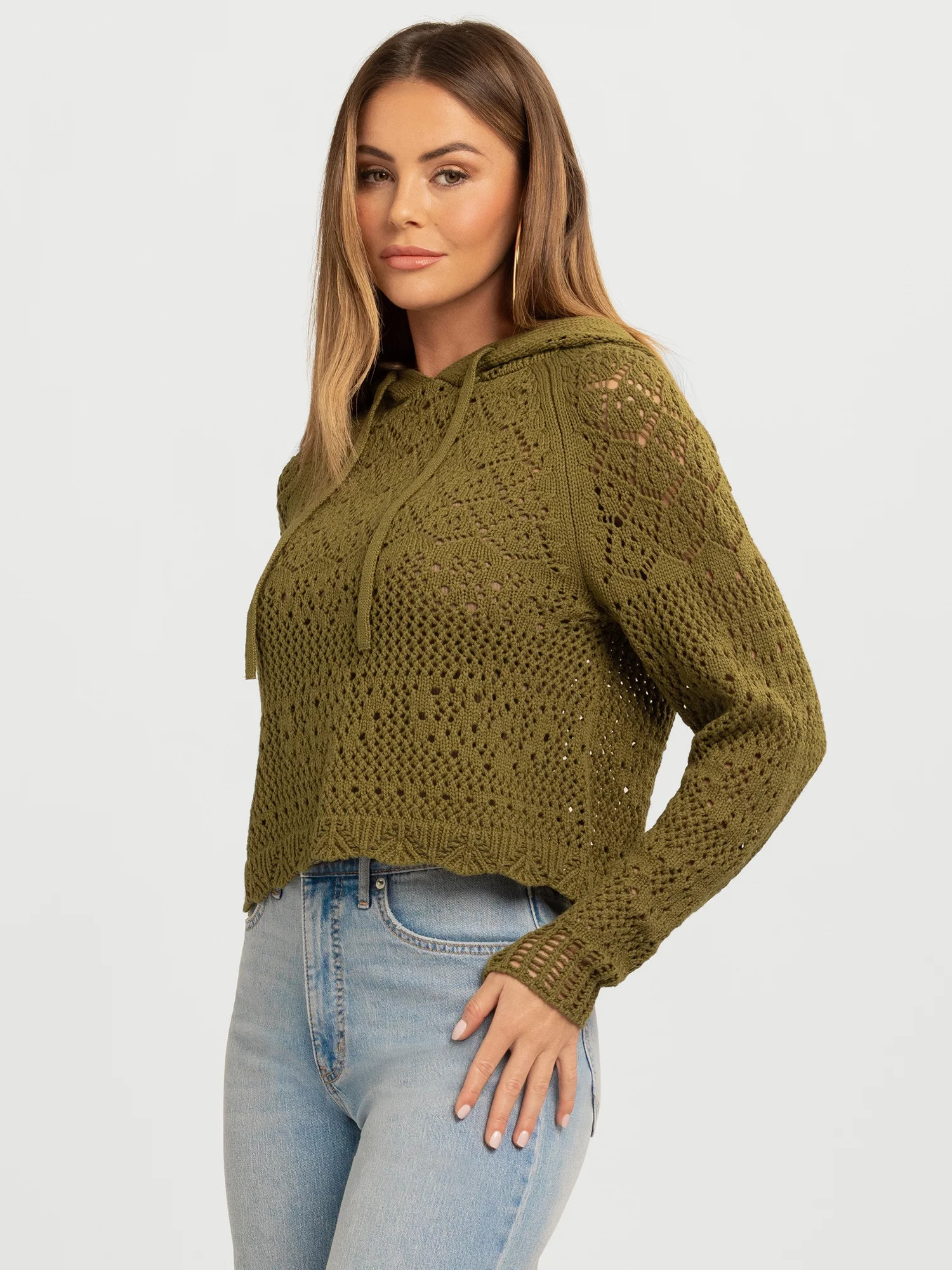 Jessica Simpson Women's Mikaela Pointelle Hoodie Sweater with Long Sleeves, Lightweight, Sizes XS... | Walmart (US)