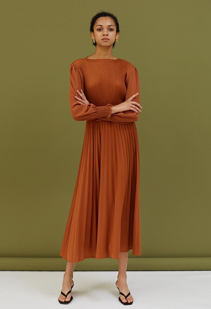Full Pleated Belted Maxi Dress in Pumpkin | Chicwish