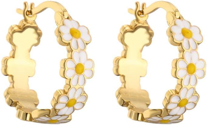 Daisy Flower Small Hoop Earrings for Women Teen Girls Dainty 18K Gold Plated Enamel Lucky Flowers... | Amazon (US)