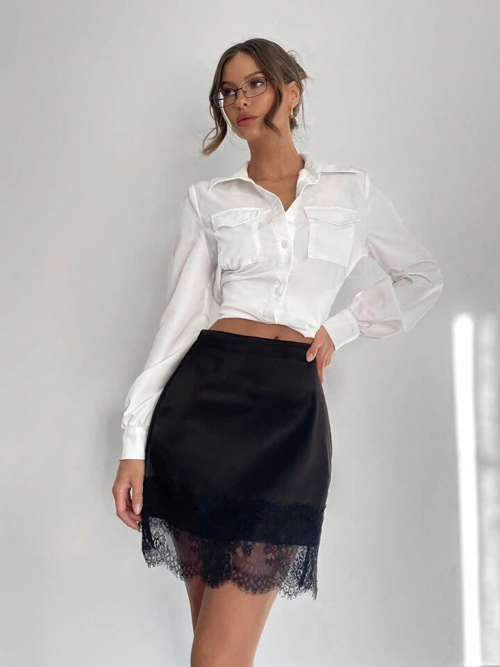 Siren Gaze Saia Elegante De Cor Sólida Para Ir E Vir, Com Recorte Em Renda | SHEIN