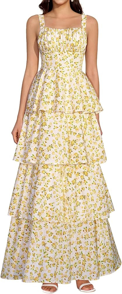 Floral Tiered Maxi Dress Ruffle Long Flowy Smocked Summer Wedding Guest Dresses for Women 2026 Ca... | Amazon (US)