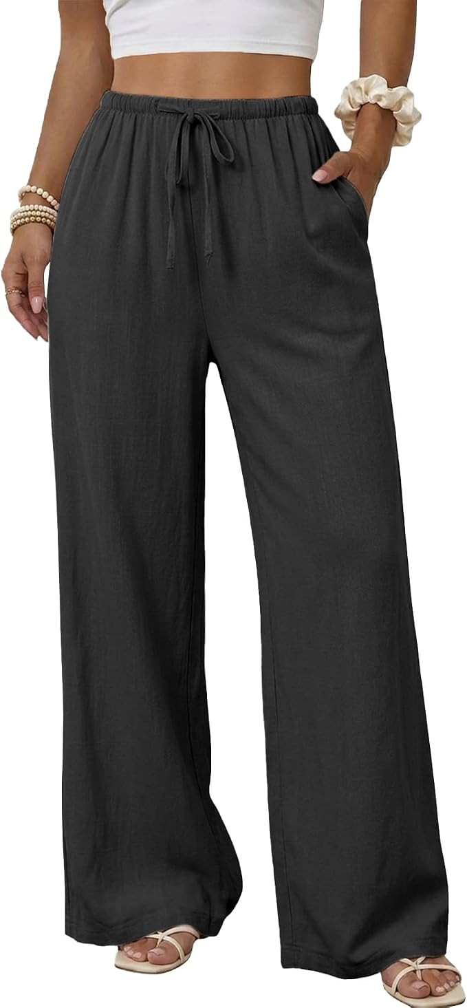 Duyang Womens Cotton Linen Palazzo Pants Drawstring Elastic Waist Casual Wide Leg Trousers with P... | Amazon (US)