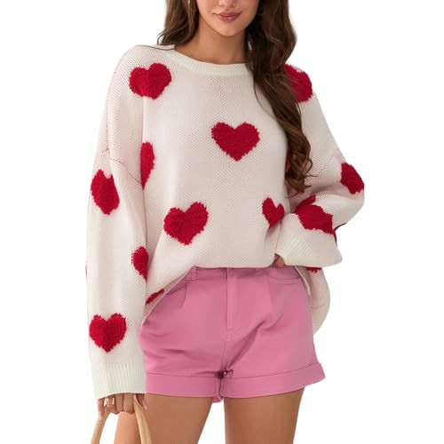 Women's Cute Heart Sweater Crewneck Long Sleeve Oversized Love Sweaters Pullover Tops Valentine's Day Knit Sweatshirts (Red, M) | Amazon (US)