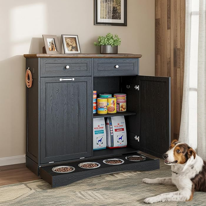 Double Door Dog Feeding Station with Storage,2X13 Gallons Tilt Out Trash Can Cabinet,Dog Food Cab... | Amazon (US)