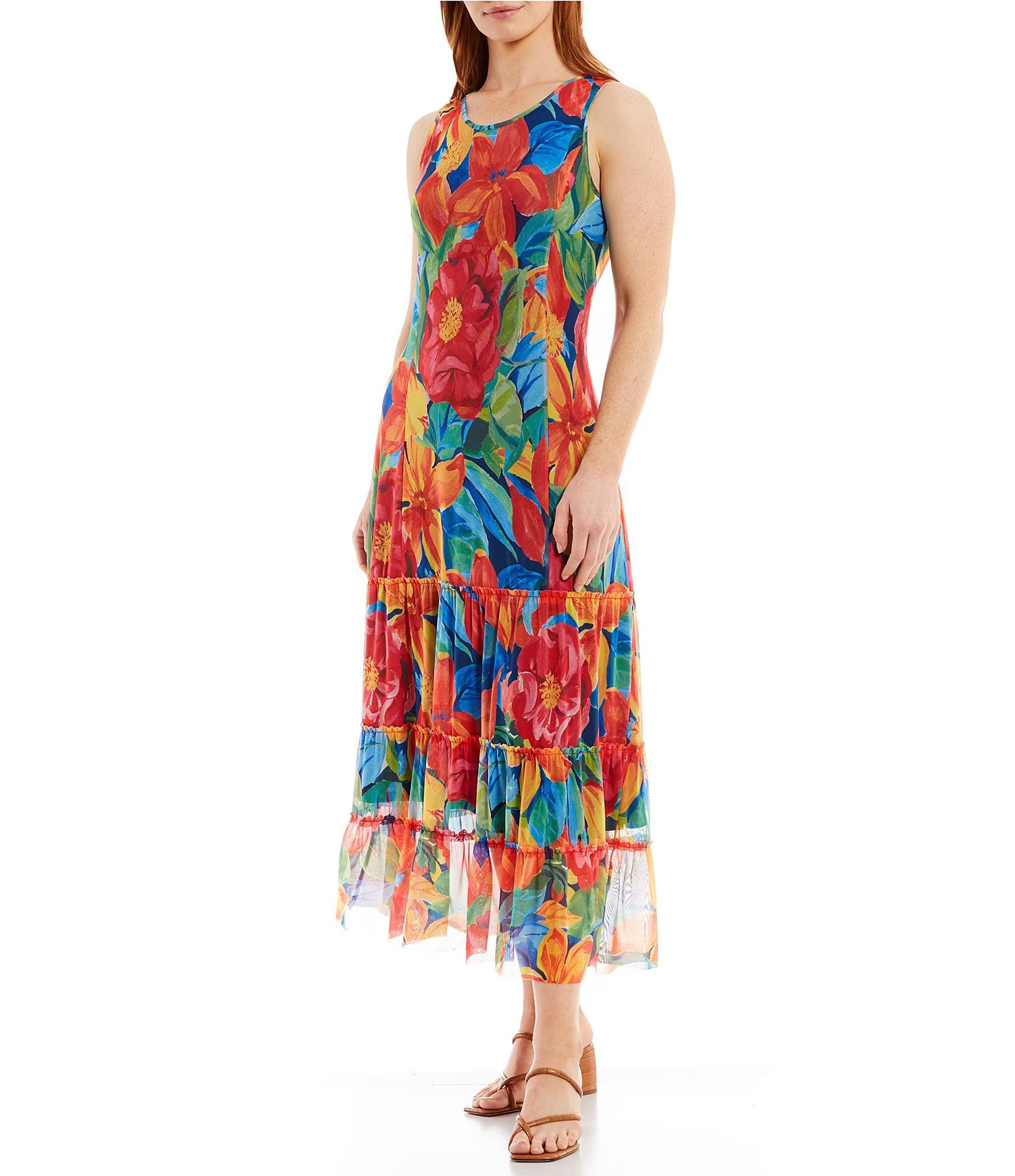 Reba Tropical Floral Print Tiered Mesh Sleeveless Scoop Neck Maxi Tank Dress | Dillard's | Dillard's