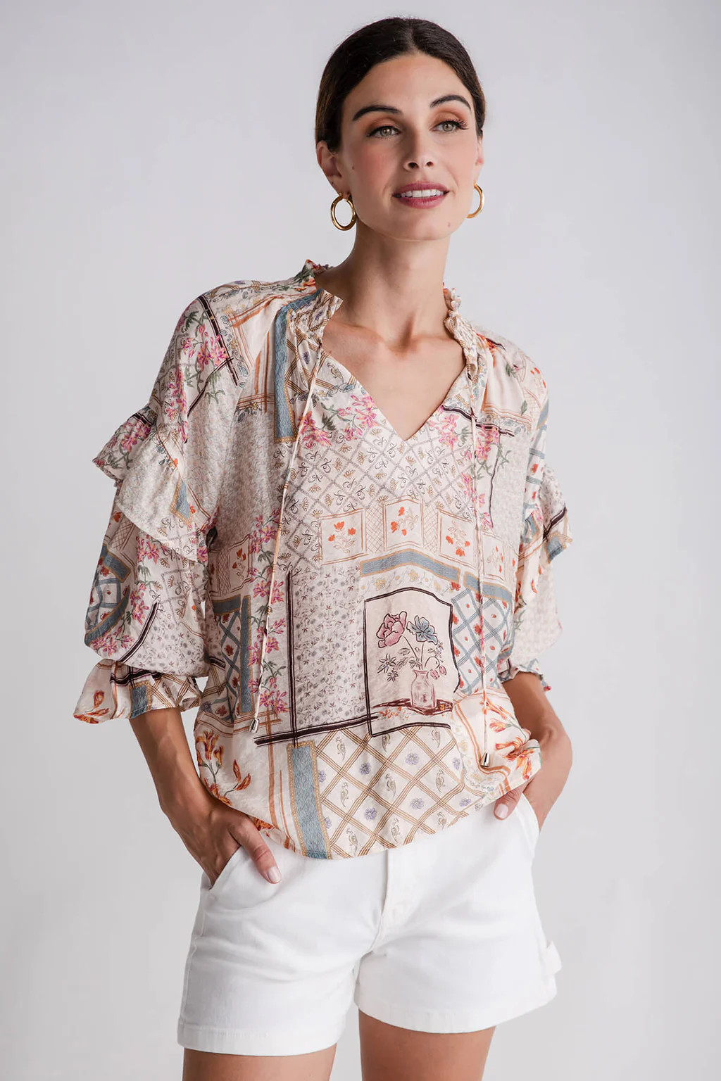 THML Patch Print Ruffle Long Sleeve Top | Social Threads
