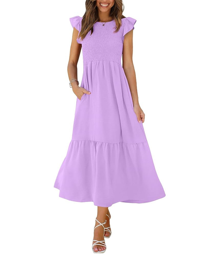 OFEEFAN Women's Casual Maxi Dresses with Pockets Ruffle Sleeve Smocked Dress XS-2XL | Amazon (US)
