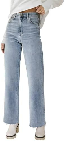 KDF Straight Leg Jeans for Women High Waisted Jeans Frayed Baggy Pants Raw Hem Loose Stretchy Cro... | Amazon (US)