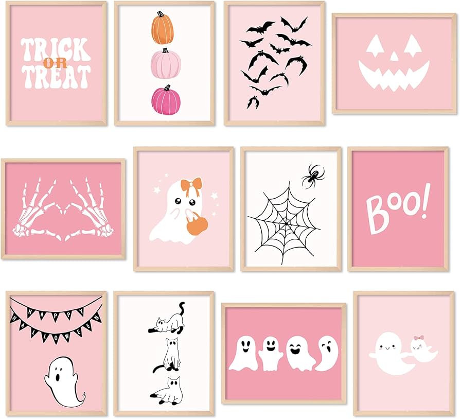 Whaline 12Pcs Halloween Wall Art Prints Cute Pink Ghost Pumpkin Boo Art Poster Trick or Treat Aes... | Amazon (US)