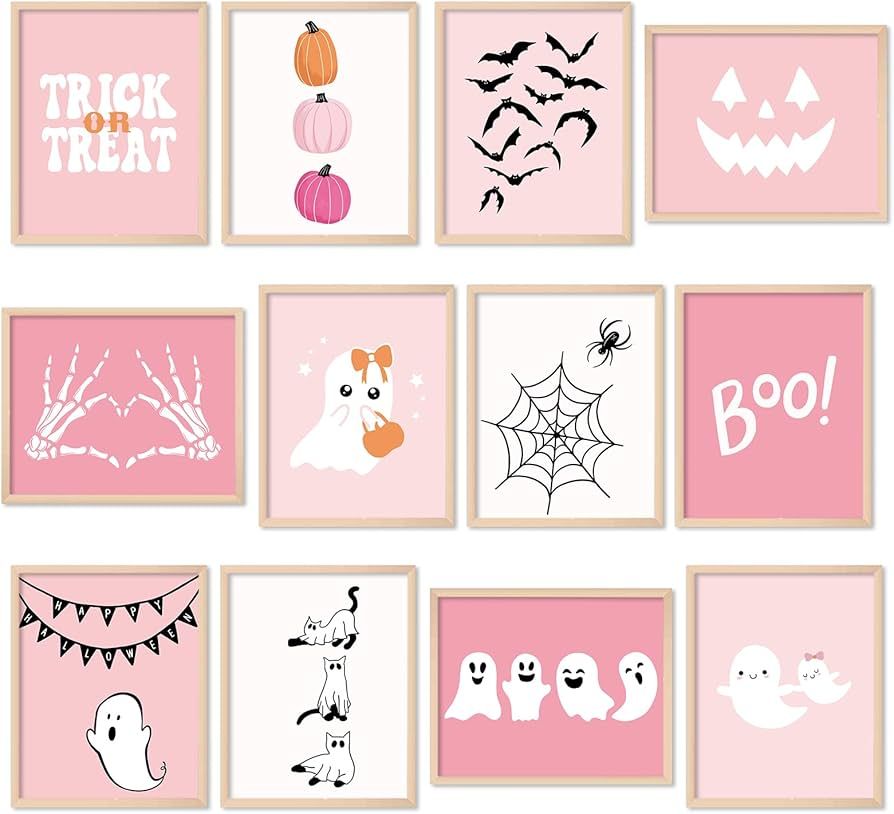 Whaline 12Pcs Halloween Wall Art Prints Cute Pink Ghost Pumpkin Boo Art Poster Trick or Treat Aes... | Amazon (US)