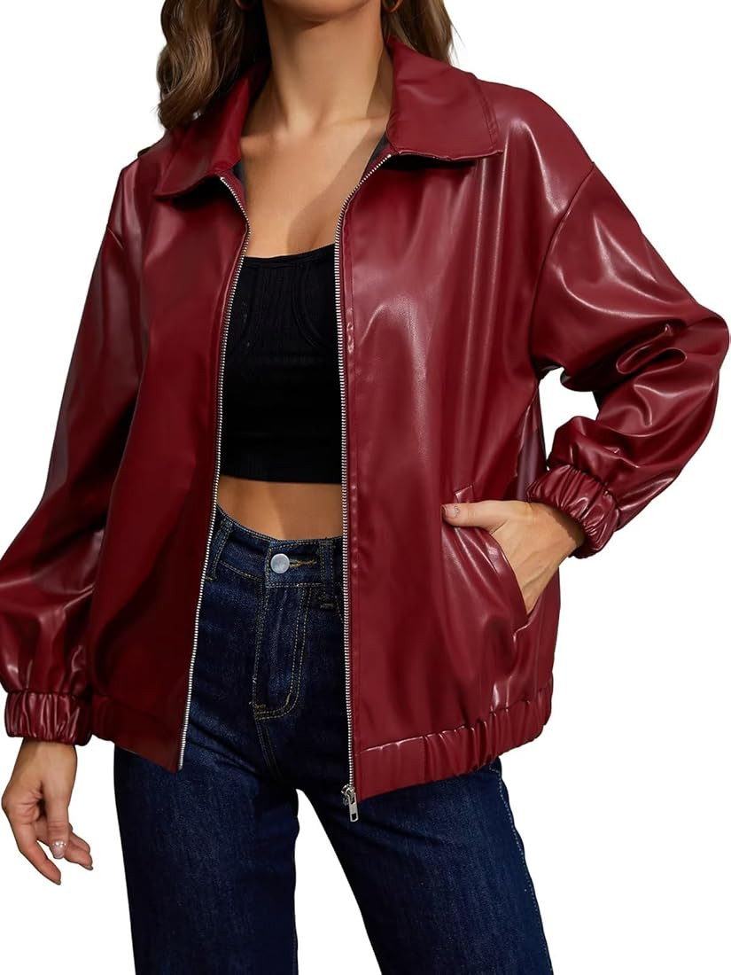 PITINAN Leather Jacket Women Faux Leather Shacket Casual Long Sleeve Zip Up Bomber Motorcycle Jac... | Amazon (US)
