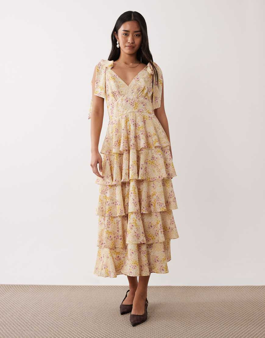 Pretty Lavish Florie tie shoulders ruffle midaxi dress in delicate floral-Yellow | ASOS (Global)