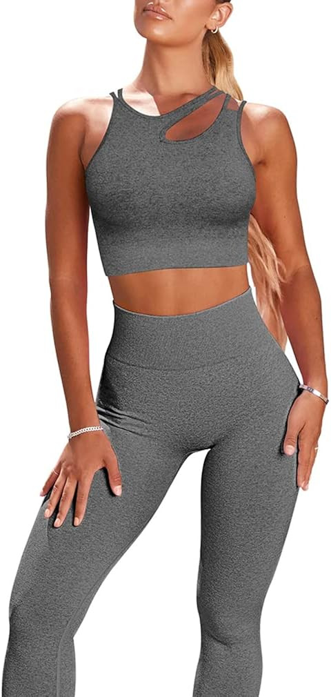 HYZ Women's Workout 2 Piece Outfits High Waist Running Leggings Removable Padded Crop Top Bra Set... | Amazon (US)