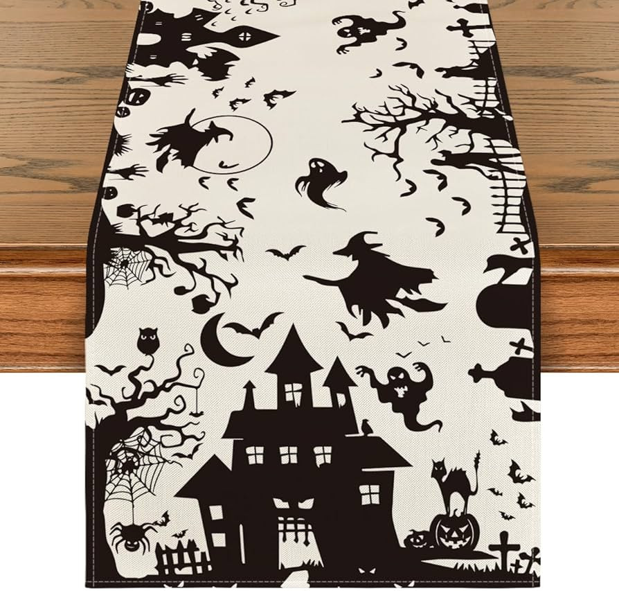 Amazon.com: Artoid Mode Black White Spooky Haunted House Tree Ghost Witch Halloween Table Runner,... | Amazon (US)