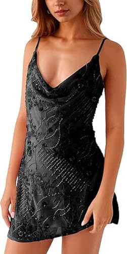 Women Y2K Sequin Sparkly Mini Dress Floral Beaded Halter Short Dress Rhinestone Embellished Party Dresses (B Black,S) | Amazon (US)