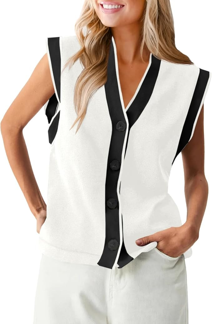 Saodimallsu Womens V Neck Sweater Vest Button Down Cap Sleeve Summer Trendy Color Block Loose Kni... | Amazon (US)