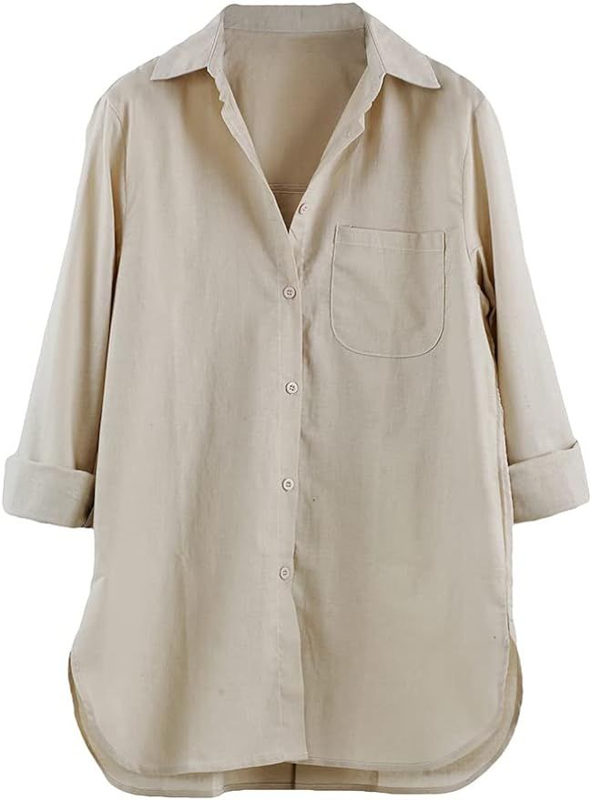 Cofouen Women's Cotton Linen Shirts Button Down V Neck Blouse Casual Long Sleeve High Low Tops | Amazon (US)