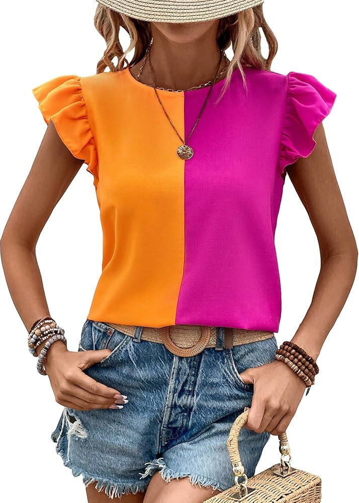 Milumia Women's Elegant Ruffle Trim Butterfly Sleeve Blouse Round Neck Work Shirt Top Orange and ... | Amazon (US)