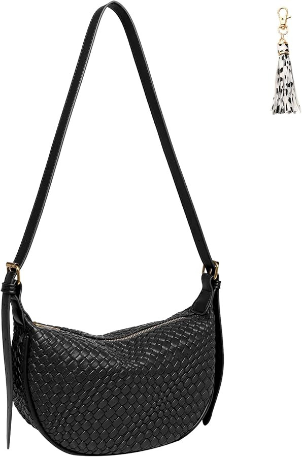 Crescent Crossbody Bags for Women Small Shoulder Bag Woven Hobo Handbag Trendy Vegan Leather Purse with Adjustable Strap Black | Amazon (US)